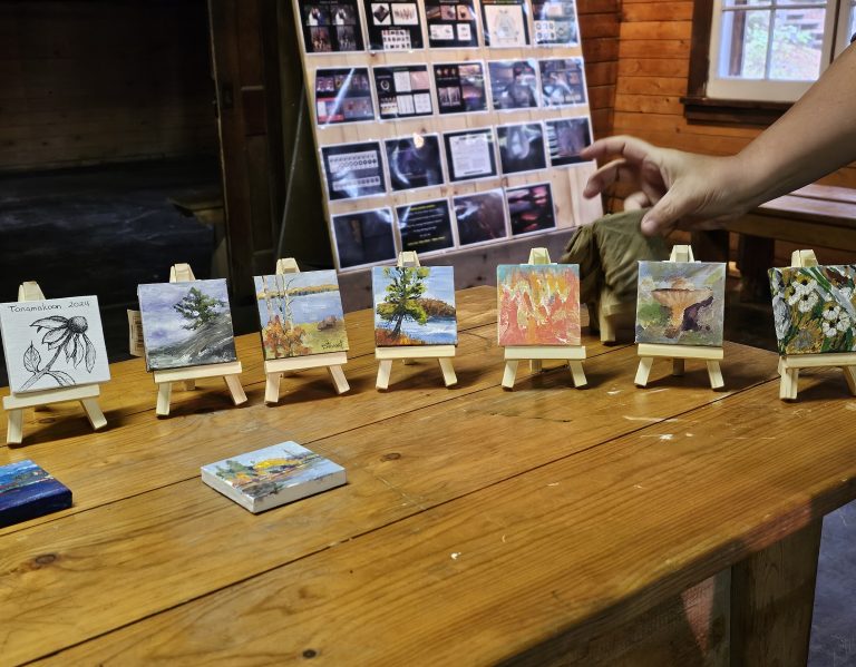 A hand adjusts a row of tiny landscape paintings