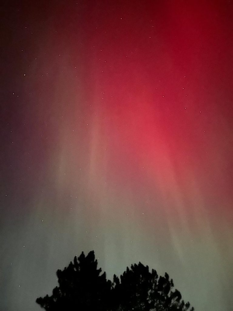 Red and green northern lights play in the night sky