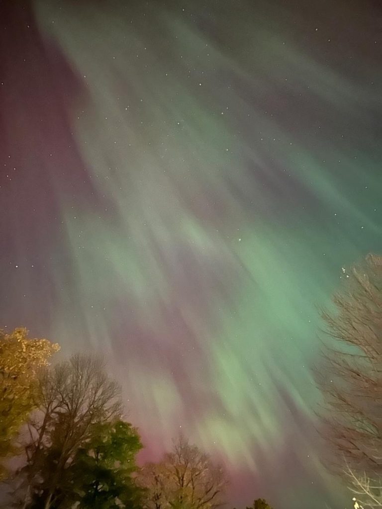 Green and purple play of northern lights in the night sky