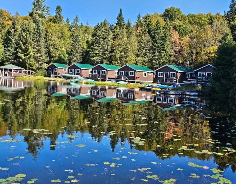A row of green-roofed wooden cabins on a lake