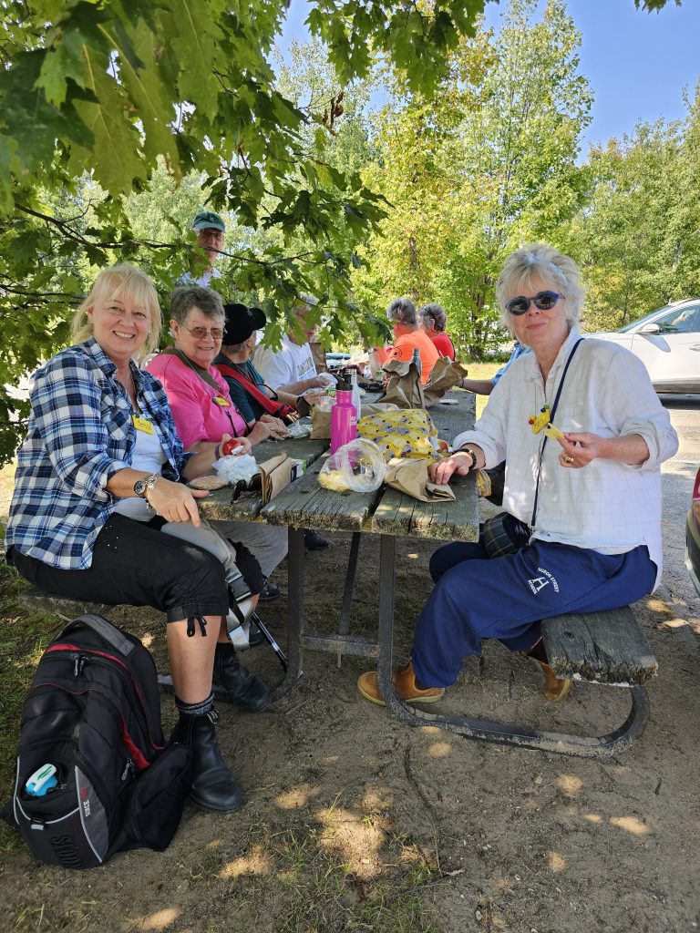 People dine around picnic tables