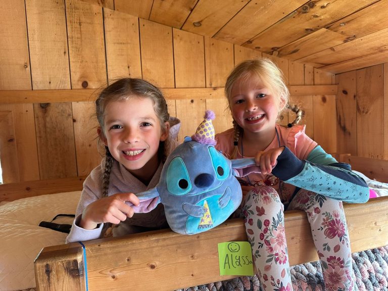 Two kids in a bunk bed hold out a blue stuffed animal
