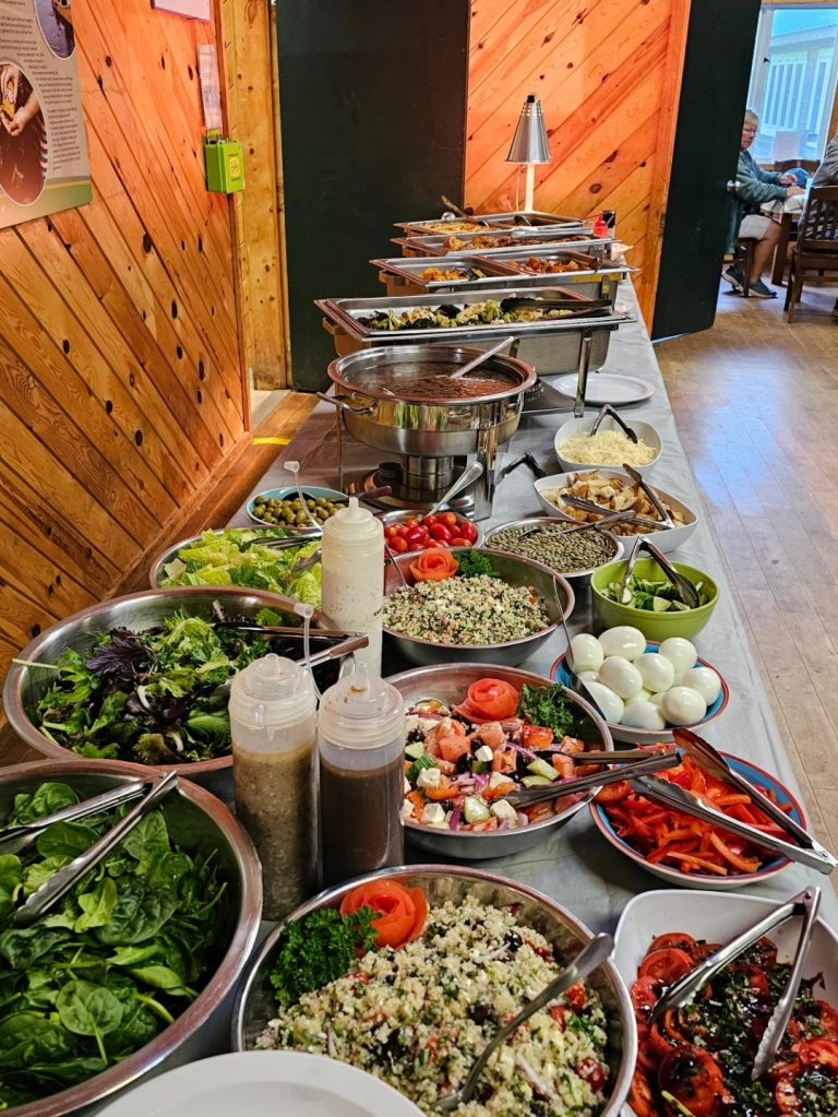 Buffet table laden with salads and other dishes